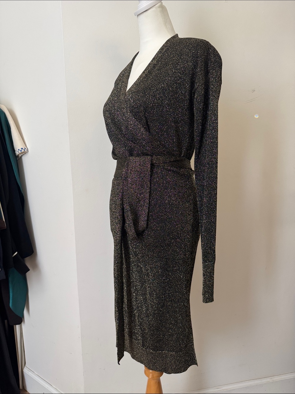 Diane von Furstenberg black and gold lurex knit "Evelyn" wrap dress - Picture 3 of 11